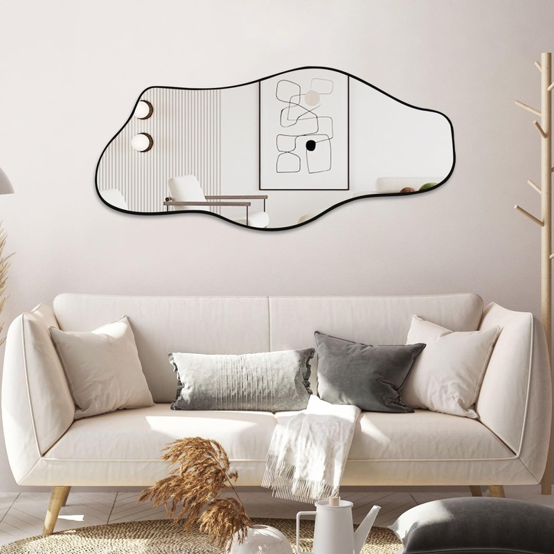 Jesmaikor Large Irregular Wall Mirror, 47.2"x21", Black Asymmetrical Modern Oblong