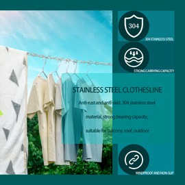 XIANYI 304 Stainless Steel Clothesline,Heavy Duty Outdoor Clothesline,Outdoor Clothesline Chain Clothes Windproof Anti-Slip,Travel Clothesline 3 M/9.8 FT, Silver