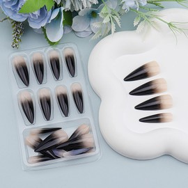 Long Stiletto Press on Nails, 24Pcs Black Gradient Glossy French Tips Fake Nails, Full Cover False Nail Tips Stick on Nail, Reusable Acrylic Nail Press on for Women
