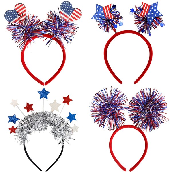 DIUEWOW 4PCS Patriotic Head Boppers Headband 4th of July Party Favors Star Love Heart Flashing Design Independence Day Hair Accessories Headwear for Veteran's Day and Memorial Day