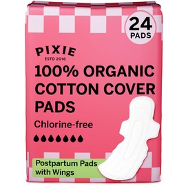 Pixie Organic Cotton Postpartum Pads for Women - Extra Heavy Absorbency with Wings - Leak-Proof, Hypoallergenic & Unscented - Compostable, Biodegradable - 24 Count