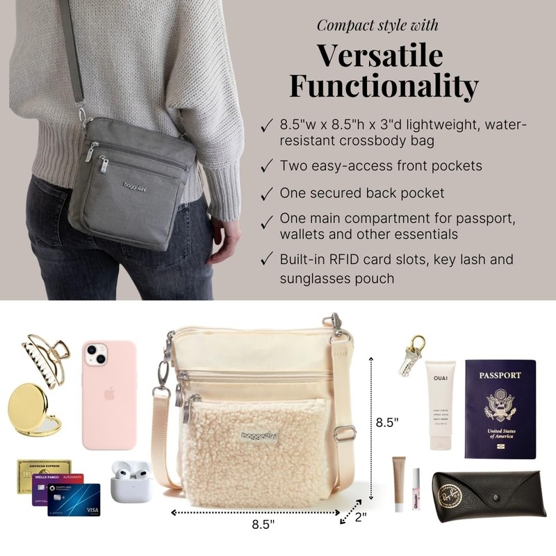 Baggallini Women's Modern Pocket Crossbody, Light Beige Faux Shearling, One