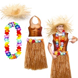 Yahenda 4 Pack Hawaiian Costumes for Boy Man, Including Skirts Hula Skirts with Hawaiian Party Muscle Vest Hawaiian Straw Hat and Wreath, Hawaian Outfits Party Accessory (Beige)
