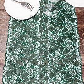 mookaitedecor 13x70 Inch Green Floral Lace Table Runner, Embroidered Vintage Elegant Rectangular Festive Table Runner for Wedding Dinner Party Coffee Table Christmas Living Room Home Decor