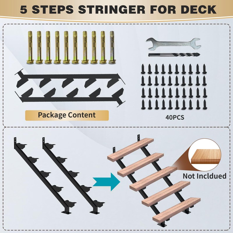 2 Pack Steel Stair Stringer, 5 Steps Stair Riser, Outdoor