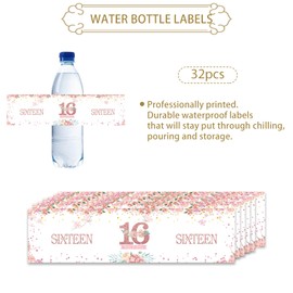 32pcs Rose Gold Happy 16th Birthday Water Bottle Labels, Floral Sweet 16 Birthday Stickers for Teens Girls, Sweet Sixteen/Floral 16th Birthday Water Bottle Wrappers, 16th Anniversary Decoration