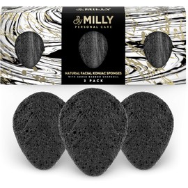 Esponja facial Konjac, totalmente natural y reutilizable, paquete de 3 unidades, con carbón de bambú activado, exfoliante suave y limpieza para todo tipo de piel, biodegradable, negro