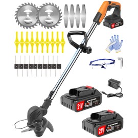 Electric Weed Wacker Cordless, 21V Battery Powered Weed Cordless Eater with 2 * 2.0Ah Batteries and Charger, 3 in 1 Stringless Grass Trimmer/Brush Cutter/Edger, 4 Types 26Pcs Blade for Garden Yard