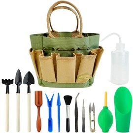 G GOOD GAIN Garden Succulent Kit with Organizer Bag, 14 Pieces Succulent Tools, Indoor Mini Hand Gardening Tools Set with Carrier for Bonsai Planter Miniature Fairy Planting Care(Green)