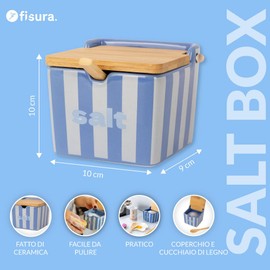 Fisura – Saliera originale blu con coperchio “salt”. Barattolo quadrato XL in ceramica con tappo in legno e cucchiaio. Porta sale, zucchero o spezie. 10 x 10 x 9 cm.