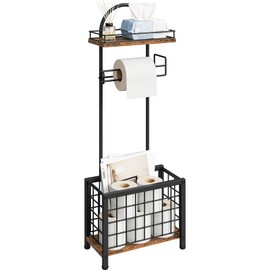 CHOEZON Toilet Paper Holder Stand, Freestanding Toilet Paper Holder with Shelf & Basket, Bathroom Tissue Organizer for Small Space, 3-Tier Storage for Bath Toilet Office Rustic Brown and Black TTS70BF