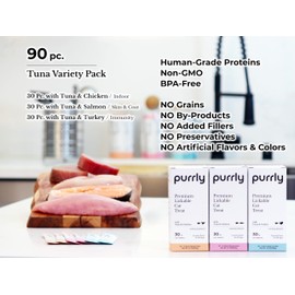 Purrly Healthy Premium Cat Treats Snack Topper Tuna Variety Bundle (90 Count) Lickable Wet Squeezable Hydrating Interactive Seafood Grain-Free Naturally Flavored Non-GMO No-Preservative