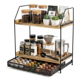CECOMBINE Kitchen Shelf Worktop - 2 Levels Coffee Bar Organiser with Drawer Made of Wood and Metal, Standing Cup Rack for Coffee Station, Spice Rack for Kitchen, Office, Bathroom, Vintage Brown