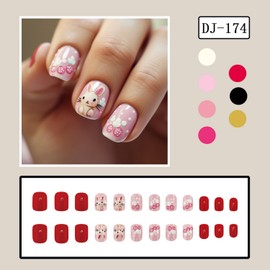 Cute Press on Nails Pink Fake Nails Glossy Full Cover Short Square Stick on Nails with Funny Bunny Eggs designs Easter False Nails Red Glue on Nails for Women Kids Nails Decor 24pcs
