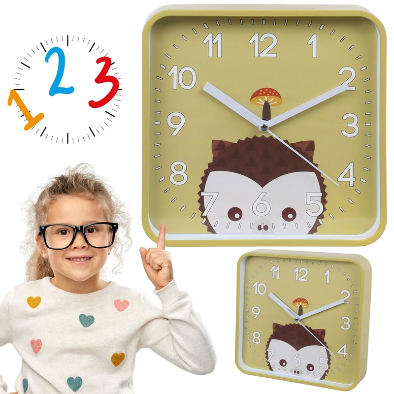sarcia.eu Hedgehog Wall Clock, Square Analog Clock for Kids 20.2x20.2
