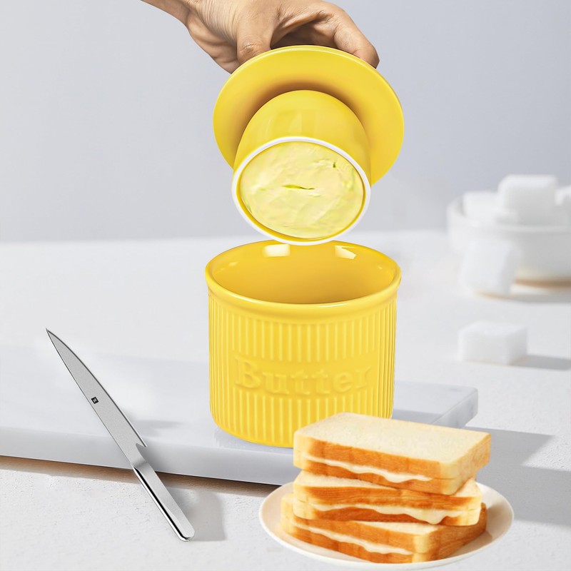 Yellow French Butter Holder with Water Line for Table and