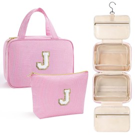 YOOLIFE Travel Toiletry Bag Makeup Bag - Hanging Toiletry Bag for Women, Portable Toiletries Travel Bag and Cosmetic Bag, Airplane Travel Essentials Travel Toiletry Bag - Letter J, Pink