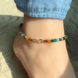 Jewboo 7 Chakra Infinity Beach Anklet Bracelet for Women Foot Worry Stone Relife Anxiety Jewelry Healing Crystals and Gemstones (India Agate)