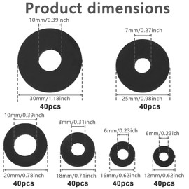 Zefphxs 240 Pcs Rubber Washers Assortment Kit, 12/16/18/20/25/30 mm Black Rubber Gasket, Vibration Absorbing Sealing Washer for Bolts Faucets Screws Garden Hose Shower Head (6 Sizes)