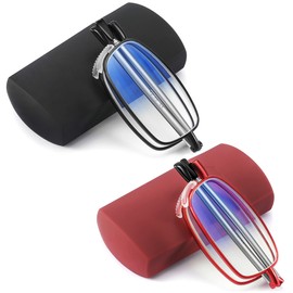 touk 2 Pack Foldable Reading Glasses Anti Blue Light, Soft Nose Pad Spring Hinge Compact Computer Readers with Portable Case for Men Women Black/Red +1.75