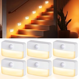 maylit 6 Pack Stair Lights Indoor, Motion Sensor Light Indoor, Battery Operated Night Lights, Warm White Stick on Wireless LED Lights for Home Hallway Stairway Step Closet