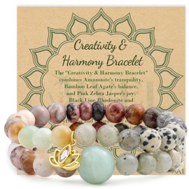 Bivei Crystal Bracelets - Women 8mm Natural Reiki Semi Precious Gemstone Chakras Bead Stretch Bracelet with Lotus Charm(17cm Creativity & Harmony Bracelet)