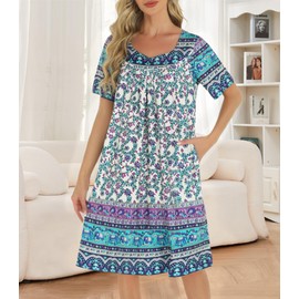 ETOSELL Nightgowns for Women with Pockets Short Sleeve House Dress Pleated Moo Moos Floral Print Lounge Mumu Dresses