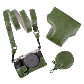 MUZIRI KINOKOO Sony A7C II Case, Retro PU Leather Protective Case for Sony A7C2/A7C II/Alpha 7C II Camera - A7C II Camera Case Bag Cover with Bottom Opening & Shoulder Strap & Storage Pocket, Green,