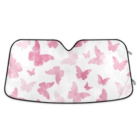 xigua Watercolor Pink Butterfly Car Sun Shade with Foldable UV Ray Sun Visor General Purpose Front Windshield Sun Shade Protector for Keep Your Car Cool (55" x 27.6")
