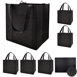 6 Pack Reusable Reinforced Handle Grocery Bags - Heavy Duty Large Shopping Totes with Thick Plastic Bottom can hold 45+ lbs (6, Black)