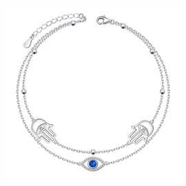 SHAOAN 925 Sterling Silver Evil Eye Ankle Bracelets Hand of Fatima Beaded Anklet Layered Dainty Chain Adjustable Foot Anklets Jewelry Gifts for Women