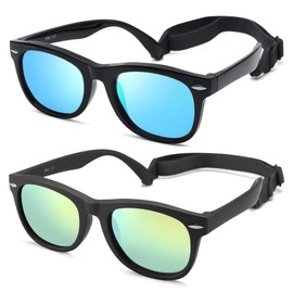 LIU·WEN Cute Polarized Baby Sunglasses - Flexible with Strap for Newborn Infant Boys Girls Age 0-24 Months(Bright Black/Blue Mirror+Matte Gray/Gold Mirror)