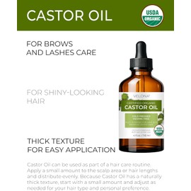 Velona USDA Certified Organic Castor Oil - 4 oz (With Dropper) For Hair Growth, Boost Eyelashes, Eyebrows Cold pressed, Natural Oil USP Grade Hexane Free, Lash Growth Serum, Caster Oil, Cap Kit