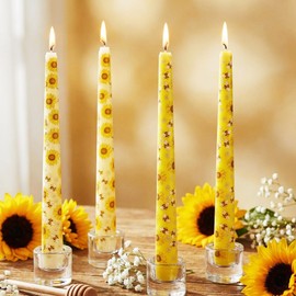 W&LESVAGO 4 Pcs Sunflower Print Taper Candles, 10 Inch Gradient Yellow Dripless Long Candles Set, Unscented Taper Candle for Wedding Home Decoration Dinner Party (CY2)