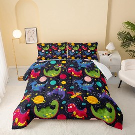 QOOMO Cartoon Space Galaxy Dinosaur Kids Comforter Set Dinosaur Lovers 3D Quilt Set Bedroom Decoration Cute Pterodactyl Soft Lightweight Bed Comforter Set Twin Size 1 Comforter Set 2 Pillowcases