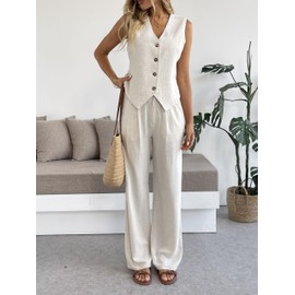 Women's 2 Piece Outfits Linen Vest Waistcoat Dressy Casual Sets Wide Leg Pants Suits Beige