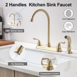 FROPO Gold Kitchen Faucet with Side Sprayer - 2 Handles 8 Inches Centerset Sink Faucets 3 or 4 Hole RV Kitchen Sink Faucet Commercial Lead-Free Utility Faucet with High Pressure Sprayer & Water Hose