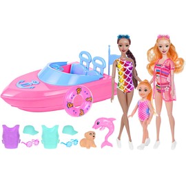 dollbie Fashion Dolls and Boat Playset - 11.5 Inch Dolls with Swimwear, Life Vests, Accessories, 5.5 Inch Doll, Pet Puppy and Dolphin Toy - Summer Beach Adventure Gift Set for Girls