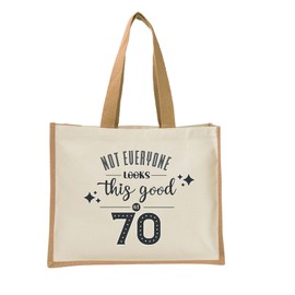 70th Birthday Tote Bag Gifts for Women - Cotton Jute Shoulder Bag, Reusable Bags for Shopping, Gift bags, Book Bag, Travel Bag, Shopper Bags - This Good - Natural - L