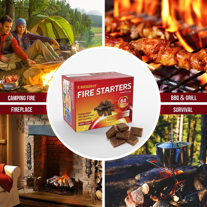 Fire Starter Squares 64 - Fire Starters for Fireplace,Chimney,BBQ Grill,Camping