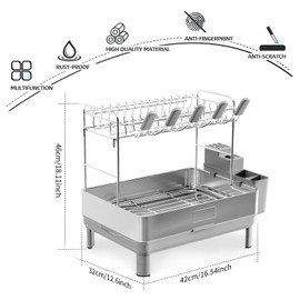 Ewaiira Dish Drying Rack, 2 Tier Large Dish Rack, Stainless Steel Dish Drainer for Kitchen Counter, Dishes Rack with Automatic Drainage, Utensil Holder&Cups Holder,Space Saving Kitchen Organizer,Gray