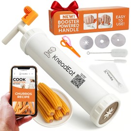 KneadEat Churro Maker Kit with Booster-powered Handle. Churrera, Piping Bag Churro-Filler and Scissors. Easy QR-Recipe to Prepare and Fill Your Own Churros at Home - Cookie Churro Maker. (3-nozzle).