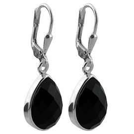 I-be, 394424 k KB Black Onyx Gemstone Drop Earrings Faceted 925 Silver Length 3 cm in Gift Box, Sterling Silver, Onyx