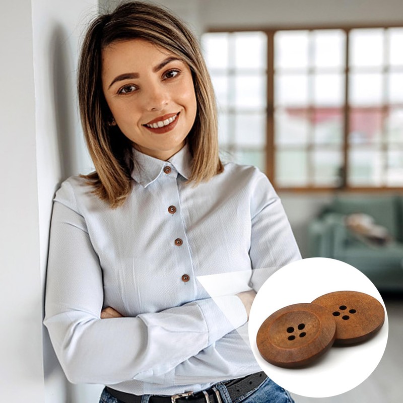 15 Wooden Buttons - Four-Eye Round Edge, Cardigan & Crochet