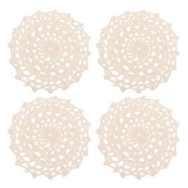 uxcell Fabric Coasters, 4pcs 4" - Cotton Woven Crochet Doilies, Lace Embroidery Placemats with Floral Pattern for Wedding Party Decoration (Beige)