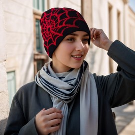 Y2k Beanie Women Beanies Spider Beanie Winter Warm Knit Hat Gothic Beanies Outdoor Black Beanie Spider Web for Men Teenagers (Black & Red)