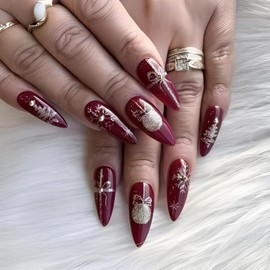 Christmas Press on Nails Long Almond Fake Nails with Gold Foil Design Snowflake Glue on Nails Xmas Tree Stick on Nails Wine Red Gift False Nails for Women Girls Winter Holiday Manicure 24pcs