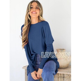 LIYOHON Oversized T Shirts for Women Tunic Tops to Wear with Leggings Long Sleeve Fall Sweaters Dressy Tops Sapphire-M