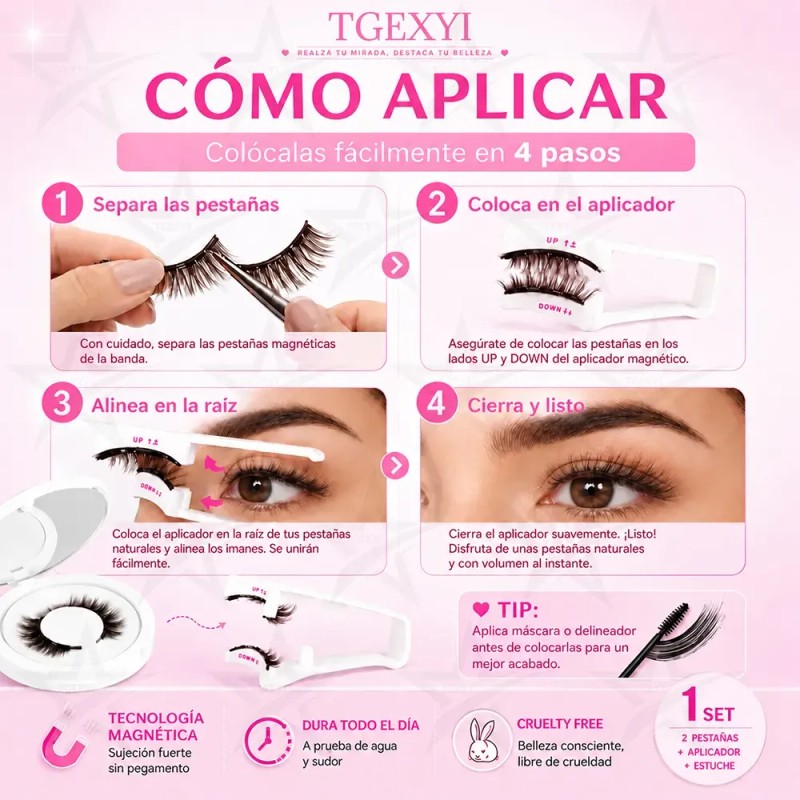 2 Pares Pestañas Magnéticas Natural Reutilizables +aplicador