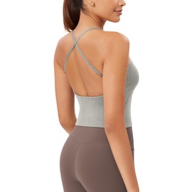 ODODOS Seamless Padded Sports Bra for Women Criss-Cross Back Longline Wirefree Brami Ribbed Crop Tank Tops, Washing Grey, X-Large/XX-Large